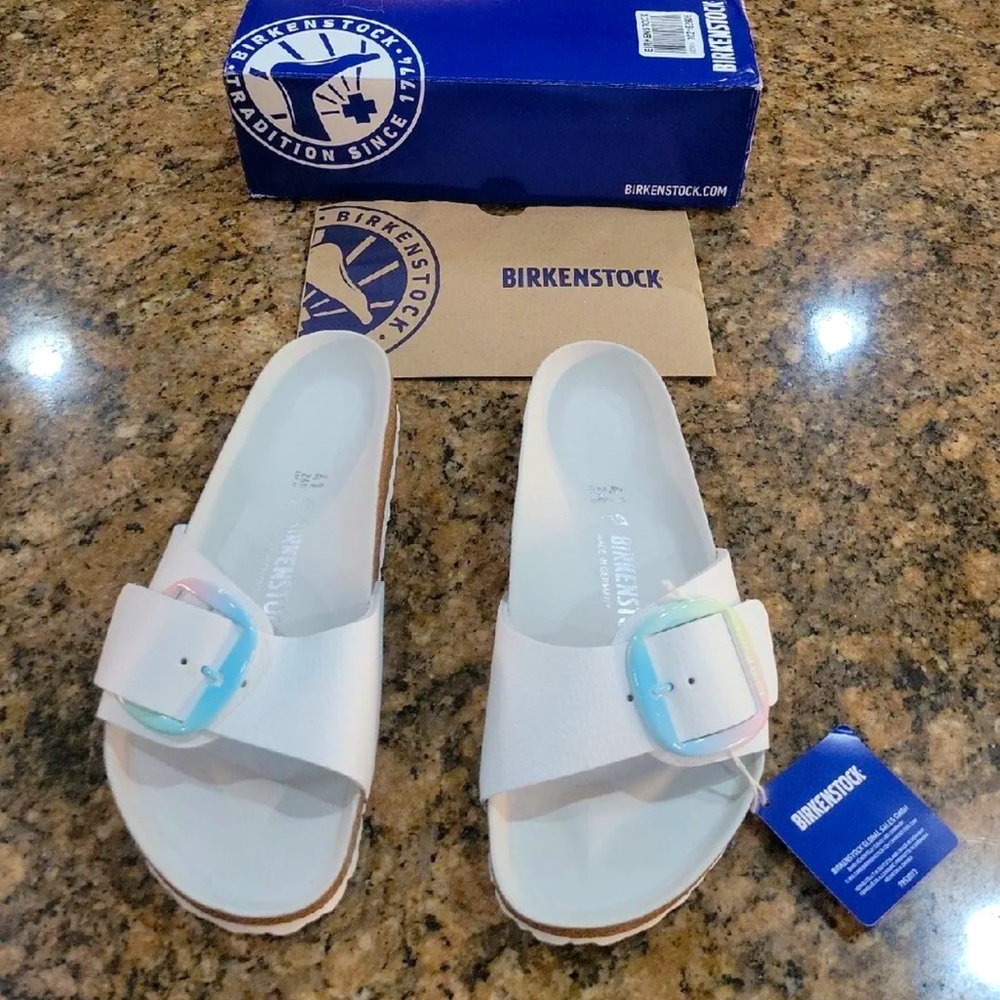 Birkenstock, Madrid “Big Buckle” White Slides Sandals Flats, 41/10, New